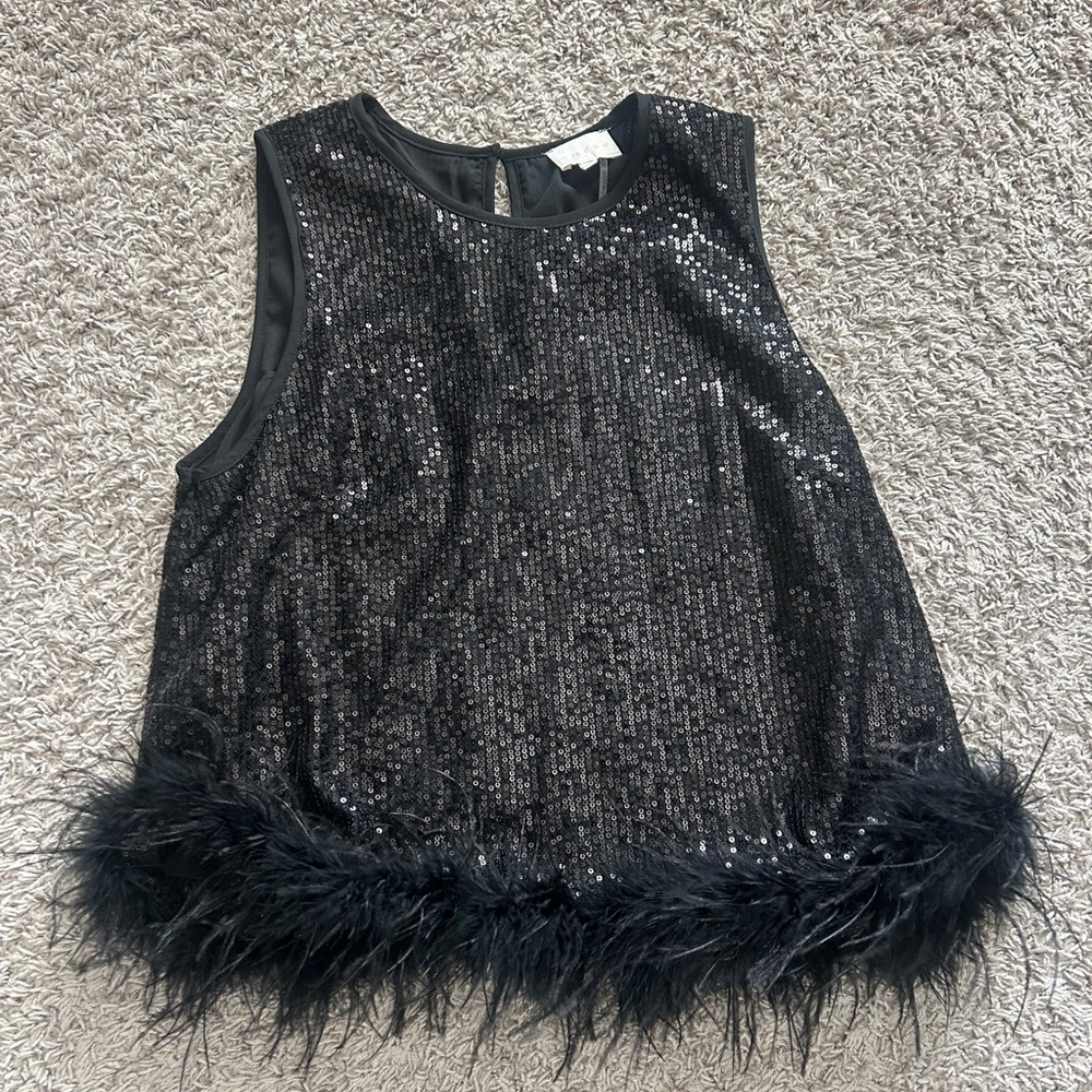Entro Black Sequin Sleeveless Tank Top with Feather Trim Size L